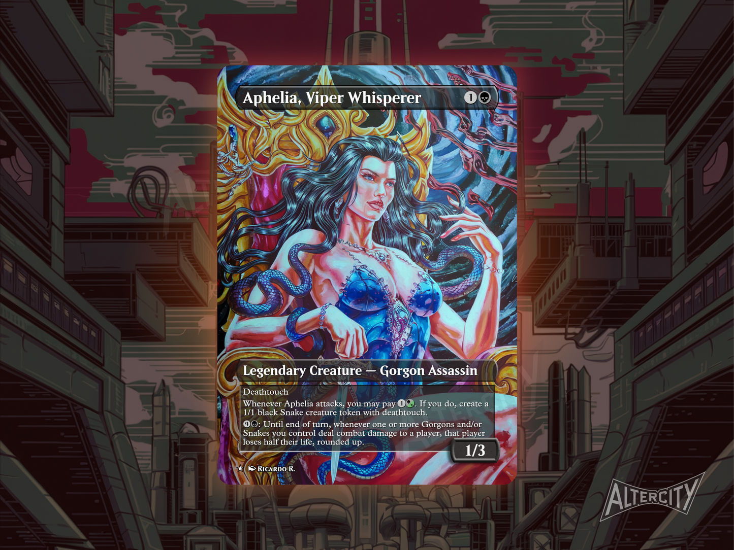 Aphelia, Viper Whisperer - Full Art Borderless - MTG Custom Cards, Commander, Edh and Cedh High Quality Altered Proxies