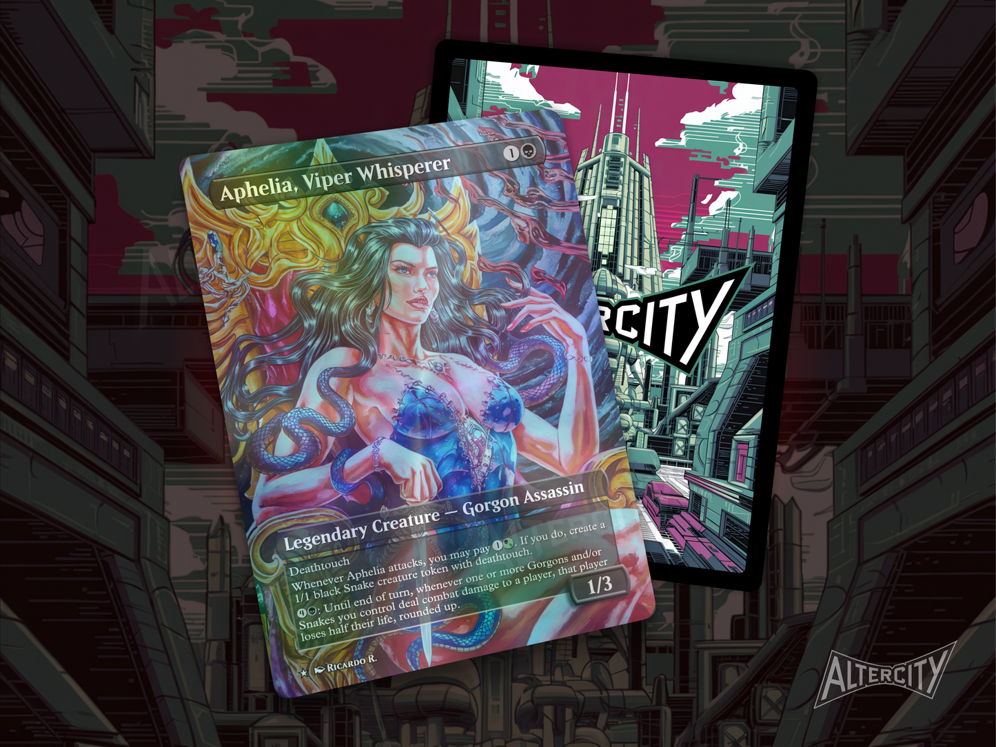 Aphelia, Viper Whisperer - Full Art Borderless - MTG Custom Cards, Commander, Edh and Cedh High Quality Altered Proxies