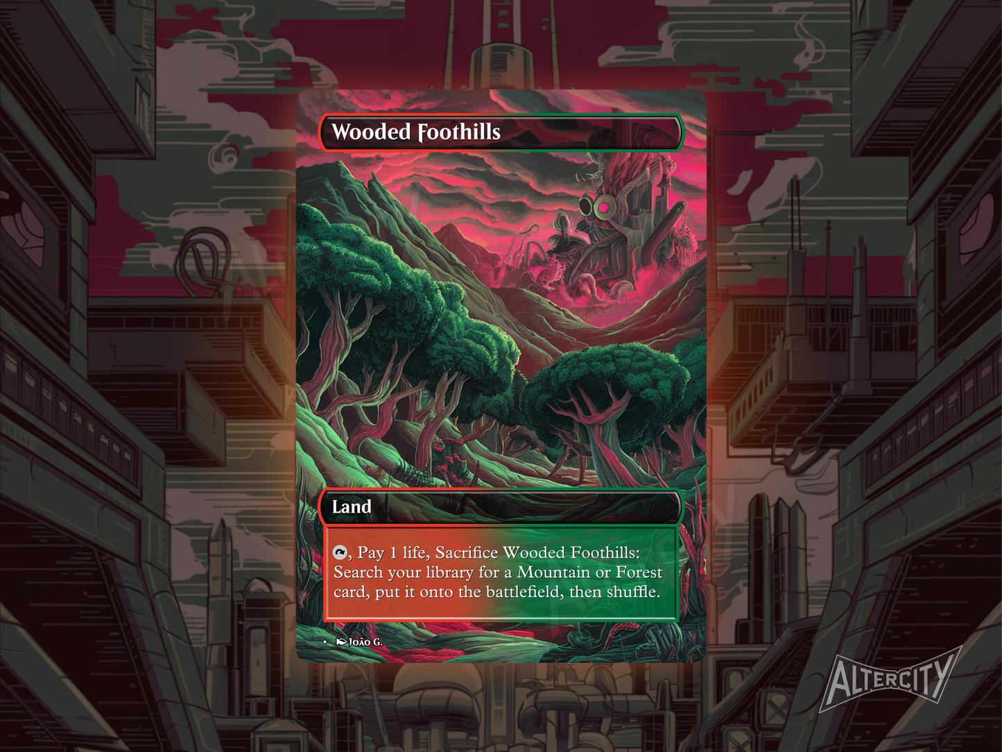 Wooded Foothills (v1) - Full Art Fetch Land Alter - Mtg Custom Cards, Commander, Edh and cEDH High Quality Altered Proxies