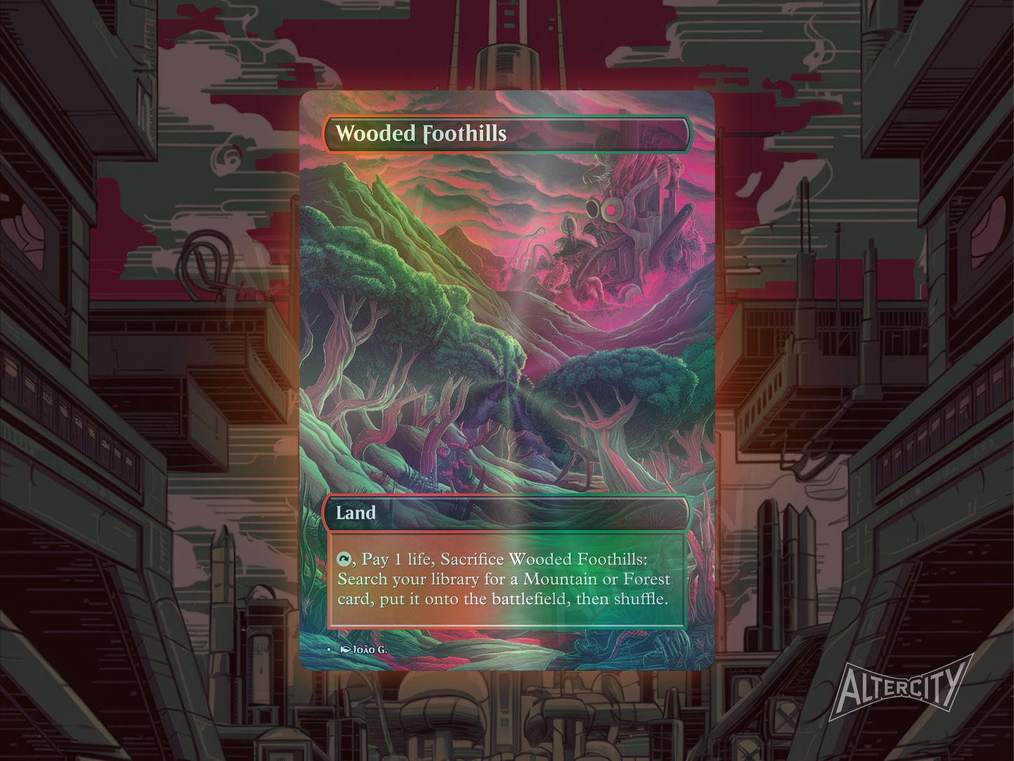 Wooded Foothills (v1) - Full Art Fetch Land Alter - Mtg Custom Cards, Commander, Edh and cEDH High Quality Altered Proxies