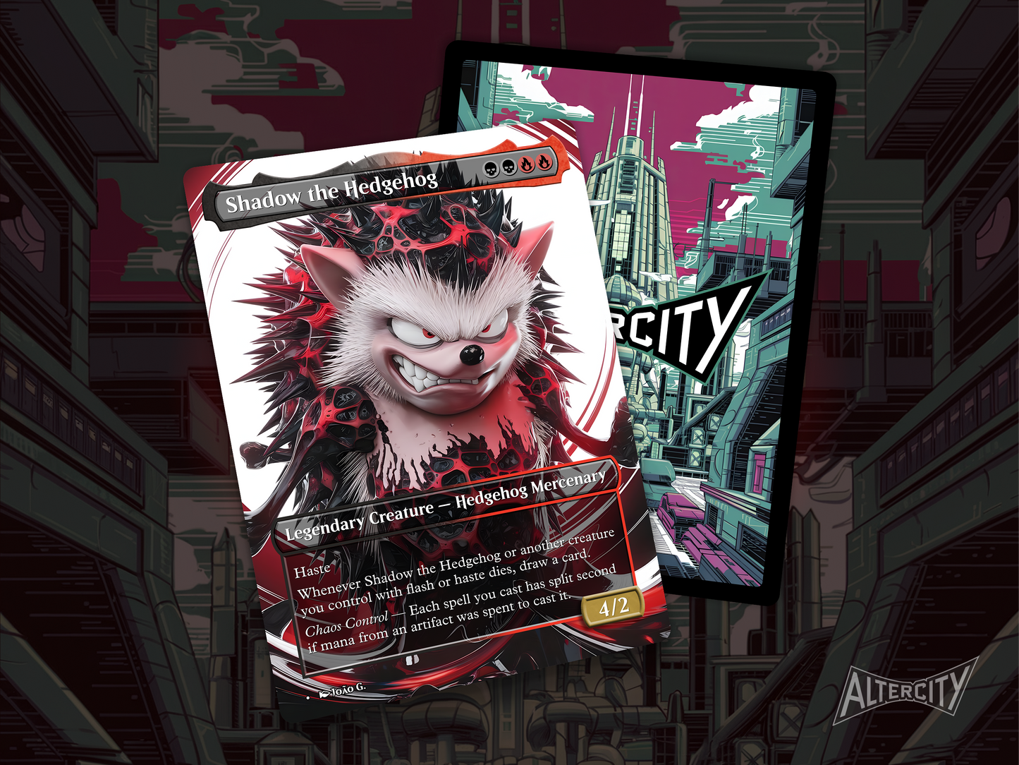 High-resolution Magic proxy of Shadow the Hedgehog as a legendary evasive and aggressive creature.