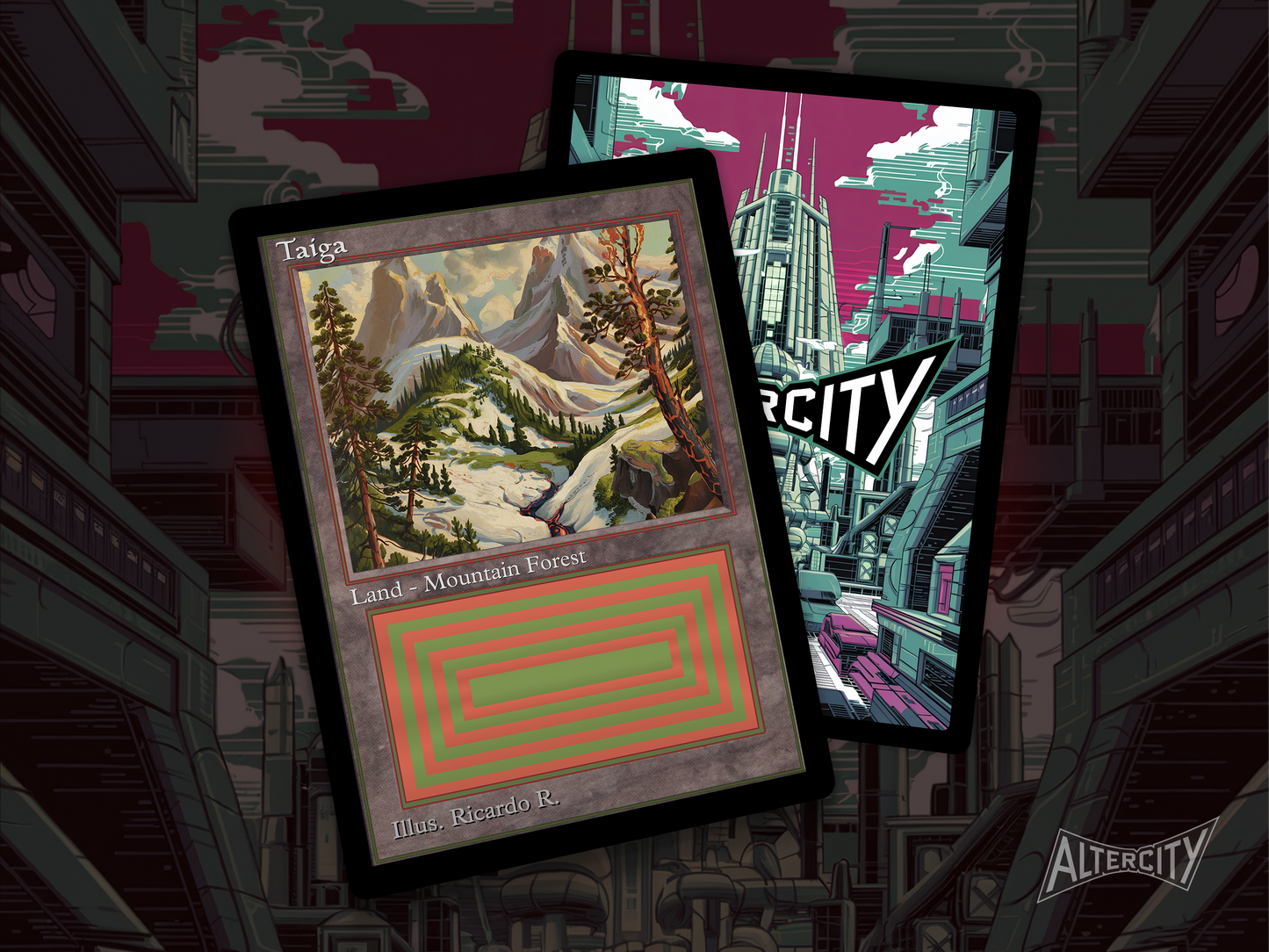 High-quality Magic proxy card featuring classic frame and wild landscape of alpine woods and peaks.