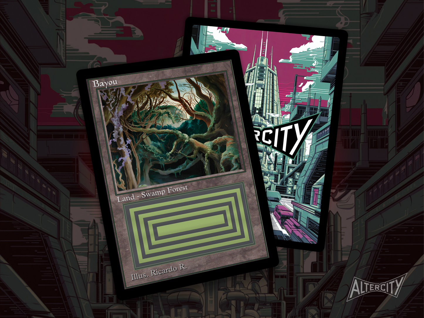 High-resolution Magic proxy of Bayou dual land with Golgari mana and classic feel.