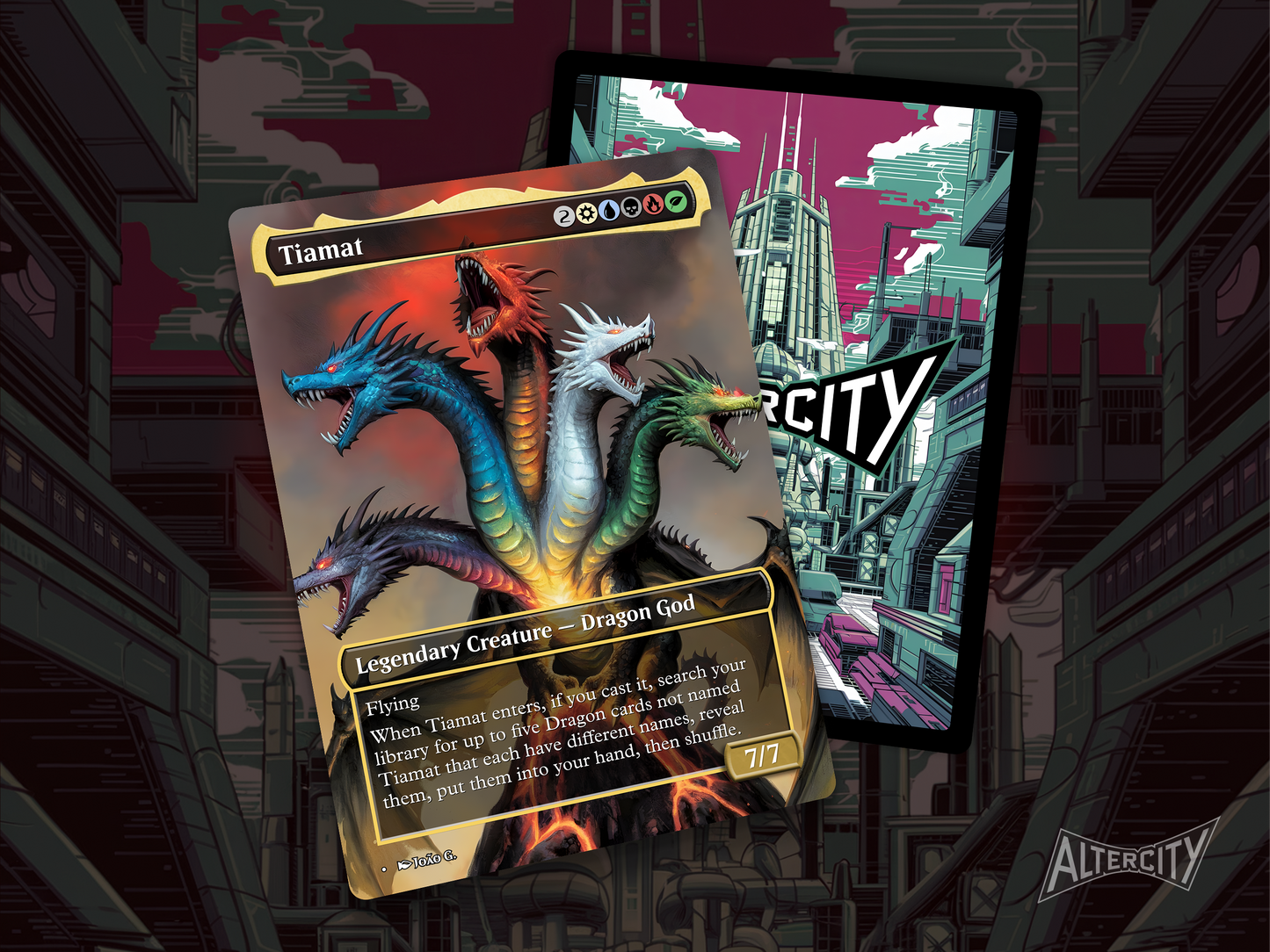 High-resolution Magic proxy of Tiamat as a multicolor dragon legend for Commander decks.