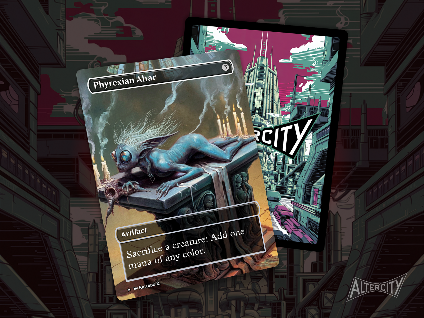 High-quality Magic proxy card featuring full-art biomechanical design of a sinister altar radiating power.