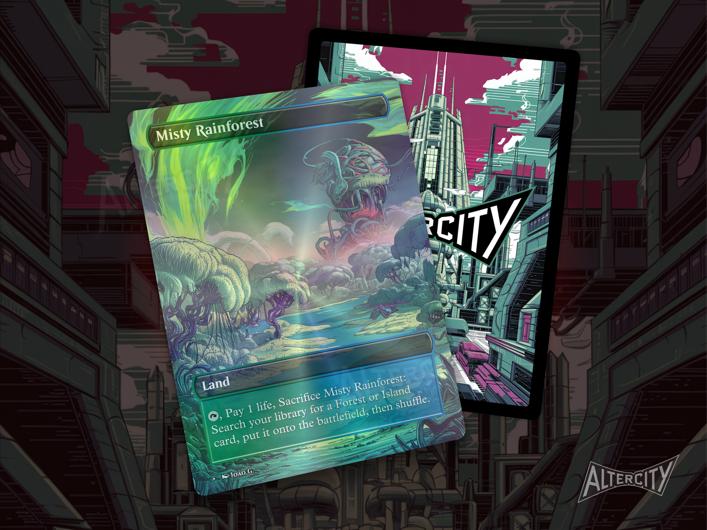 Misty Rainforest (v1) - Full Art Fetch Land Alter - Mtg Custom Cards, Commander, Edh and cEDH High Quality Altered Proxies