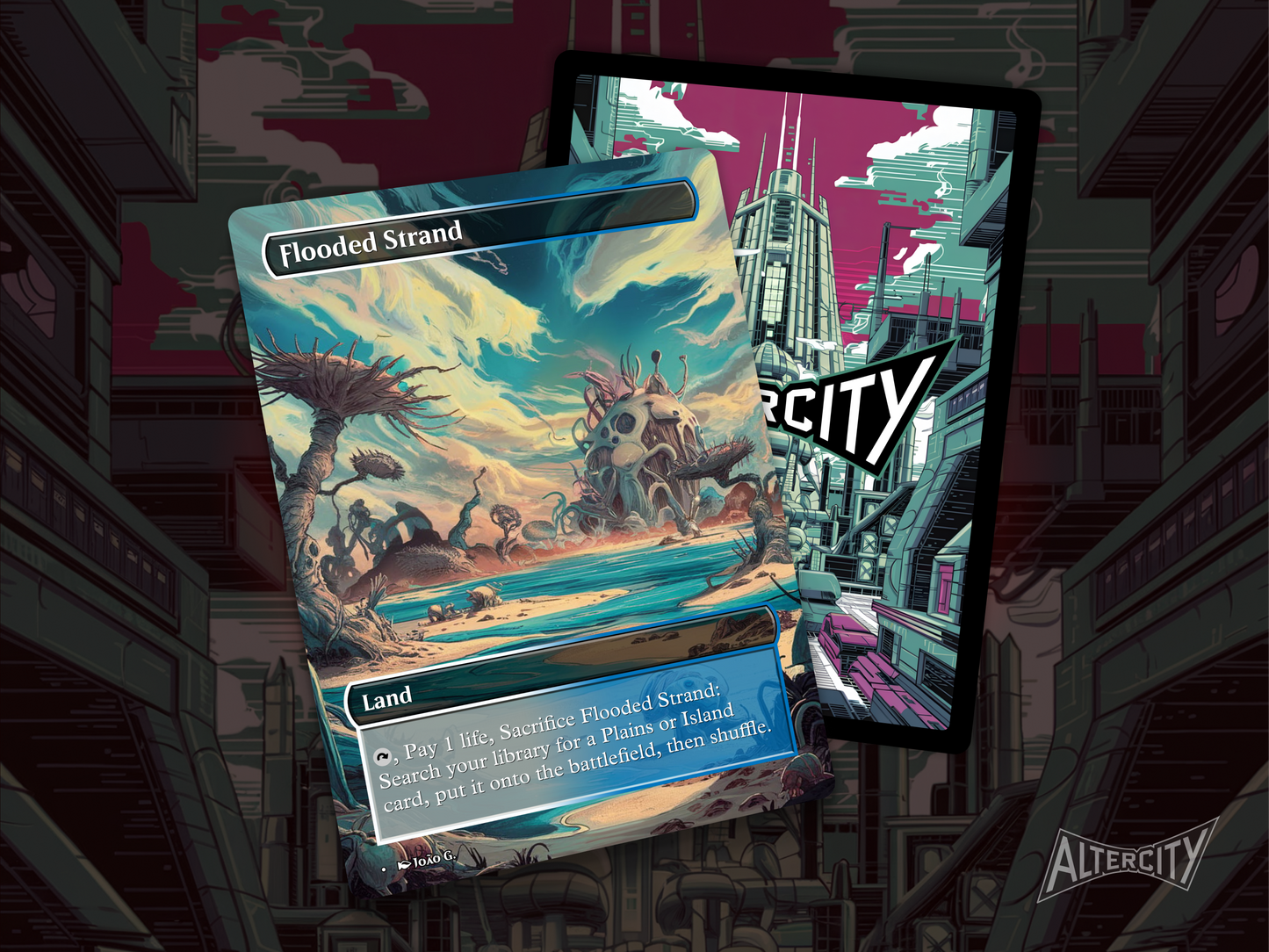 Flooded Strand (v1) - Full Art Fetch Land Alter - Mtg Custom Cards, Commander, Edh and cEDH High Quality Altered Proxies