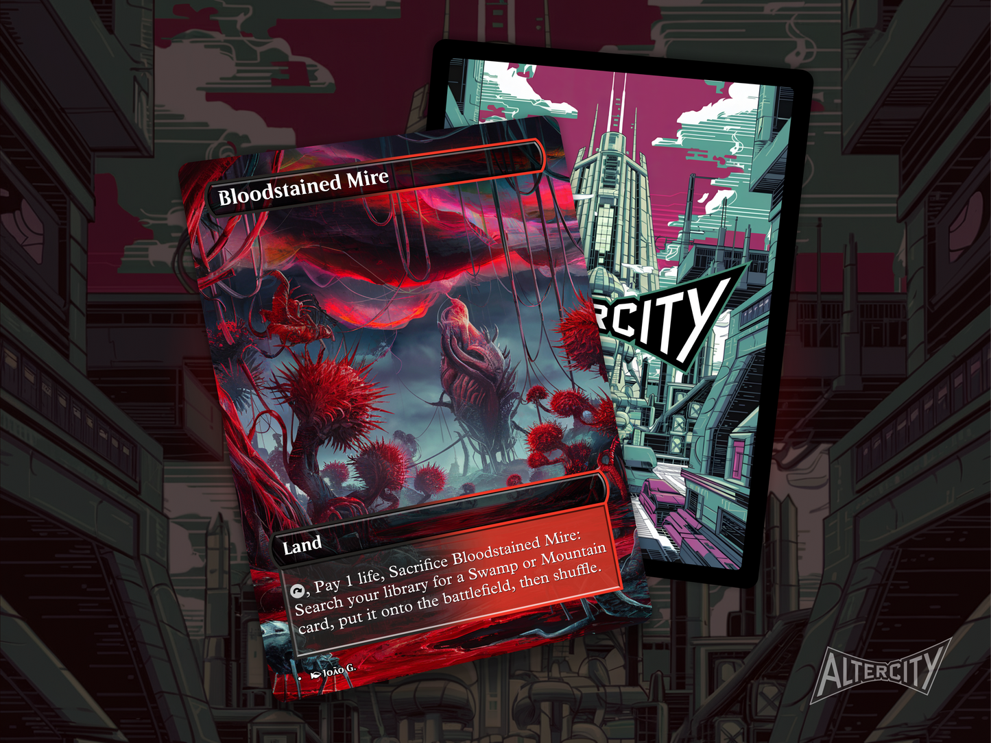 Bloodstained Mire (v1) - Full Art Fetch Land Alter - Mtg Custom Cards, Commander, Edh and cEDH High Quality Altered Proxies