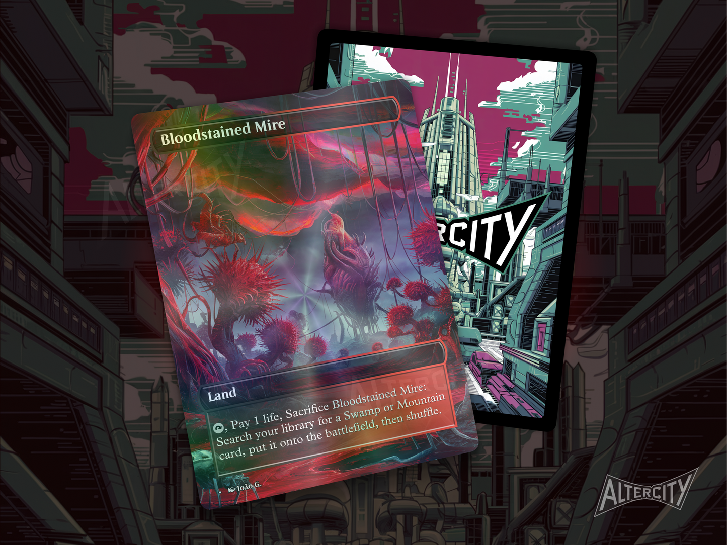 Bloodstained Mire (v1) - Full Art Fetch Land Alter - Mtg Custom Cards, Commander, Edh and cEDH High Quality Altered Proxies