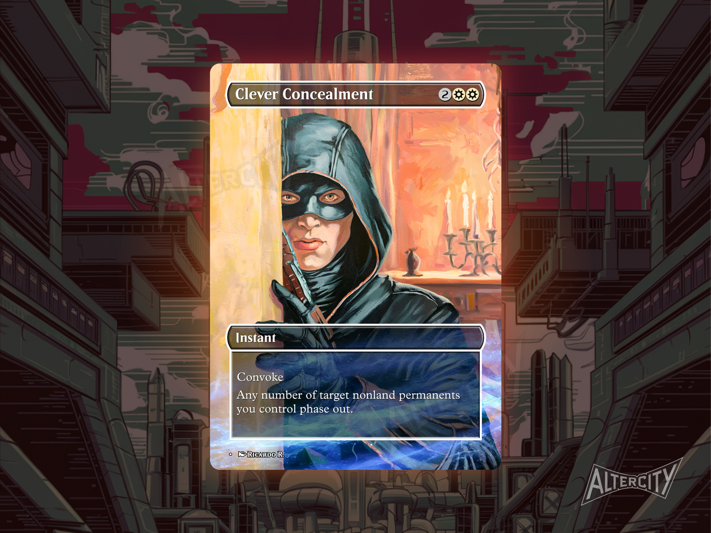Custom Clever Concealment MTG proxy with stealth-inspired altered art.