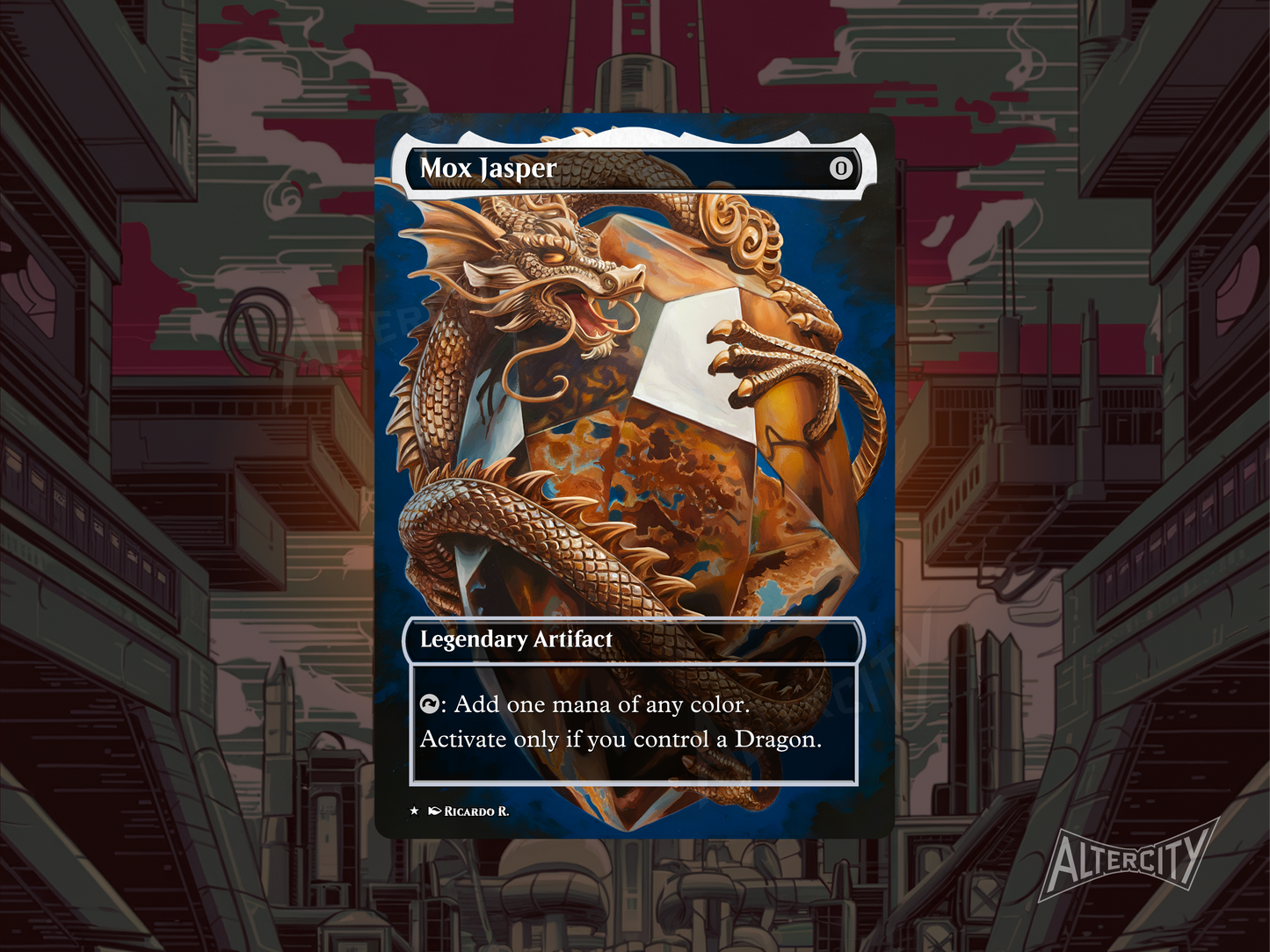 Custom Mox Jasper MTG proxy with dragon-themed altered art.