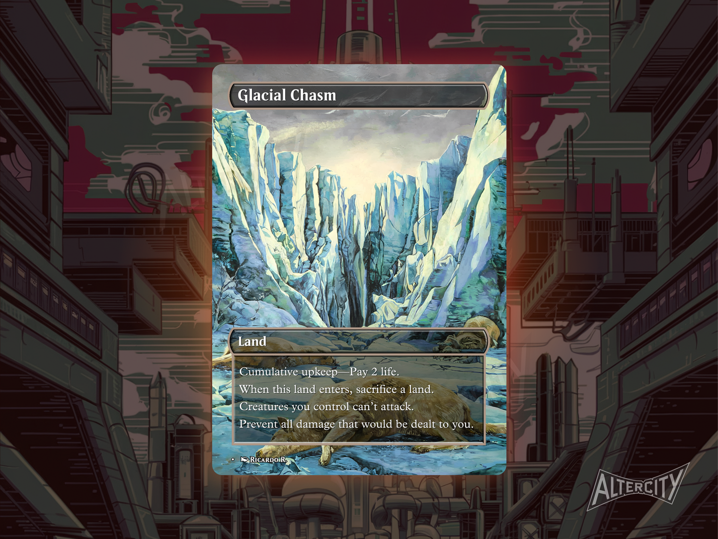 Custom Glacial Chasm MTG proxy with snowy, defensive altered art.