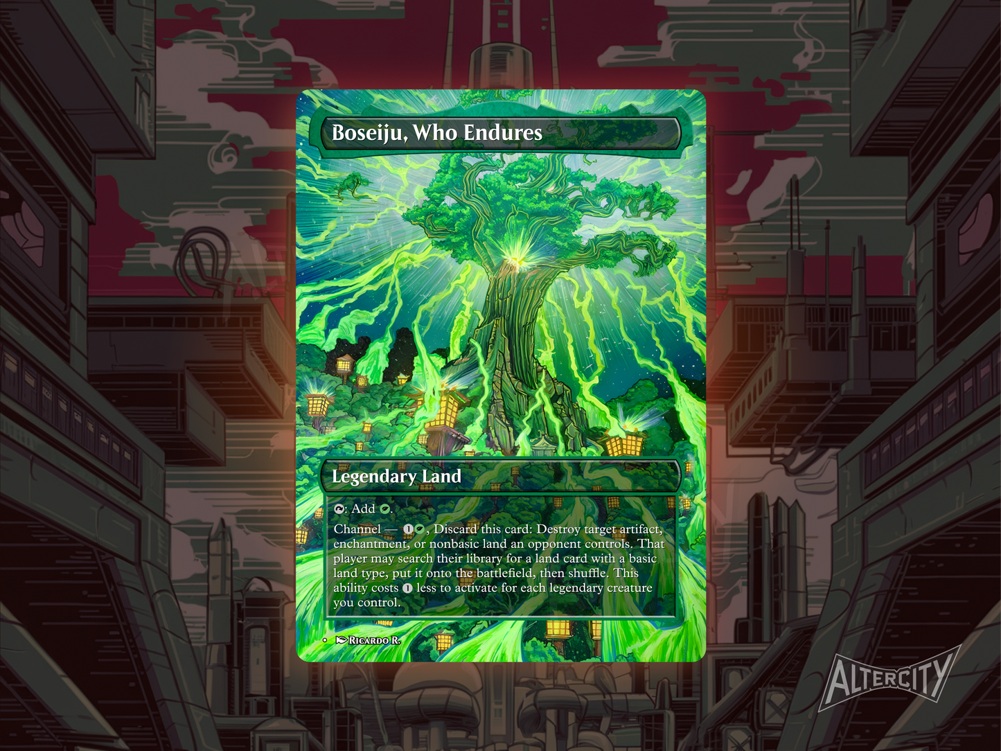 Custom Boseiju, Who Endures Magic proxy with full-art altered design for green decks.