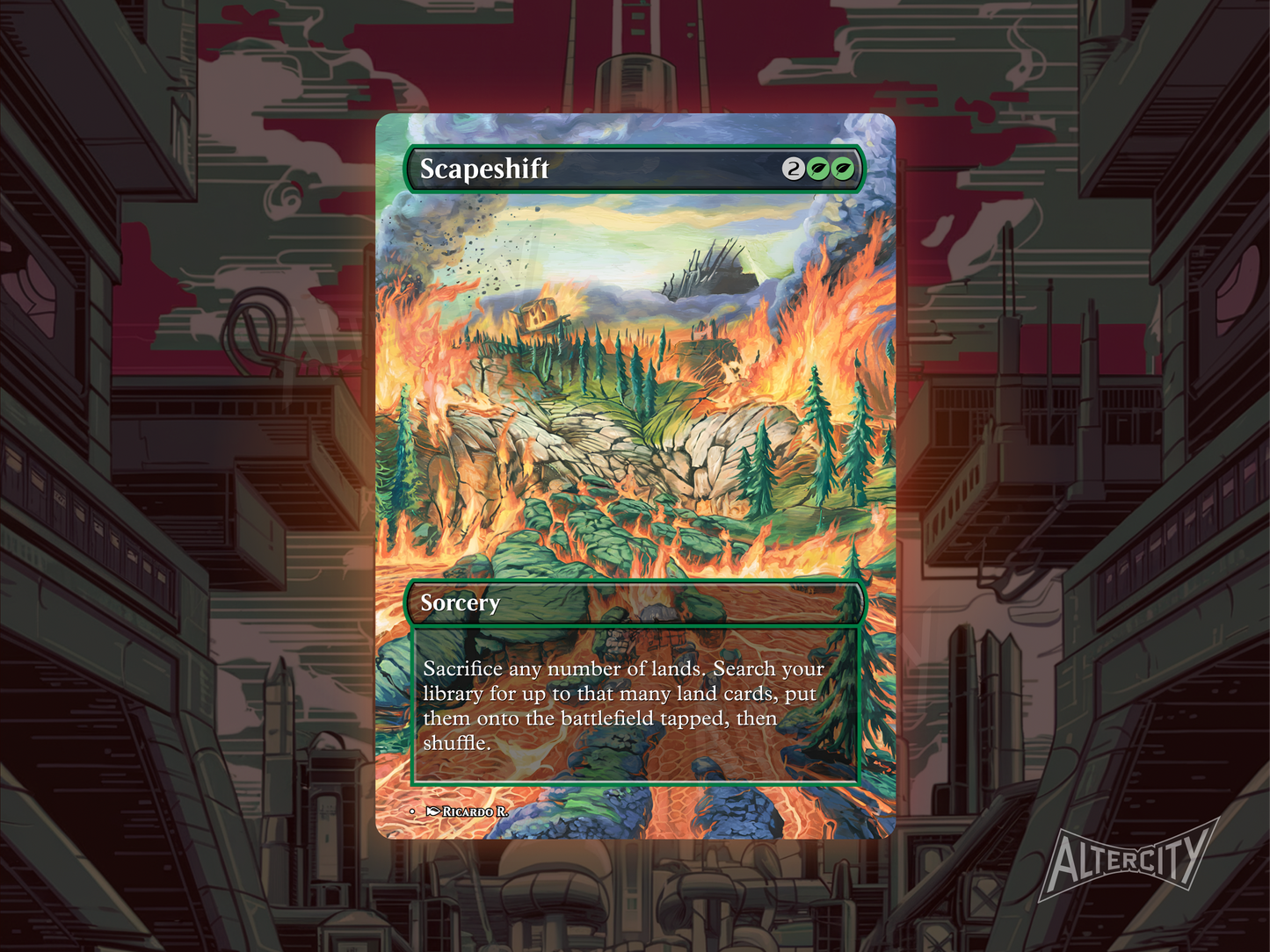 Custom Scapeshift Magic proxy card with vibrant altered art for land combo decks.