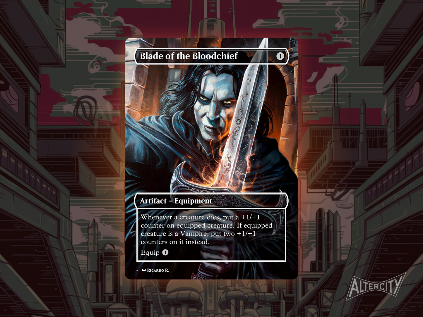 Custom Blade of the Bloodchief MTG proxy with dark, gothic altered art.