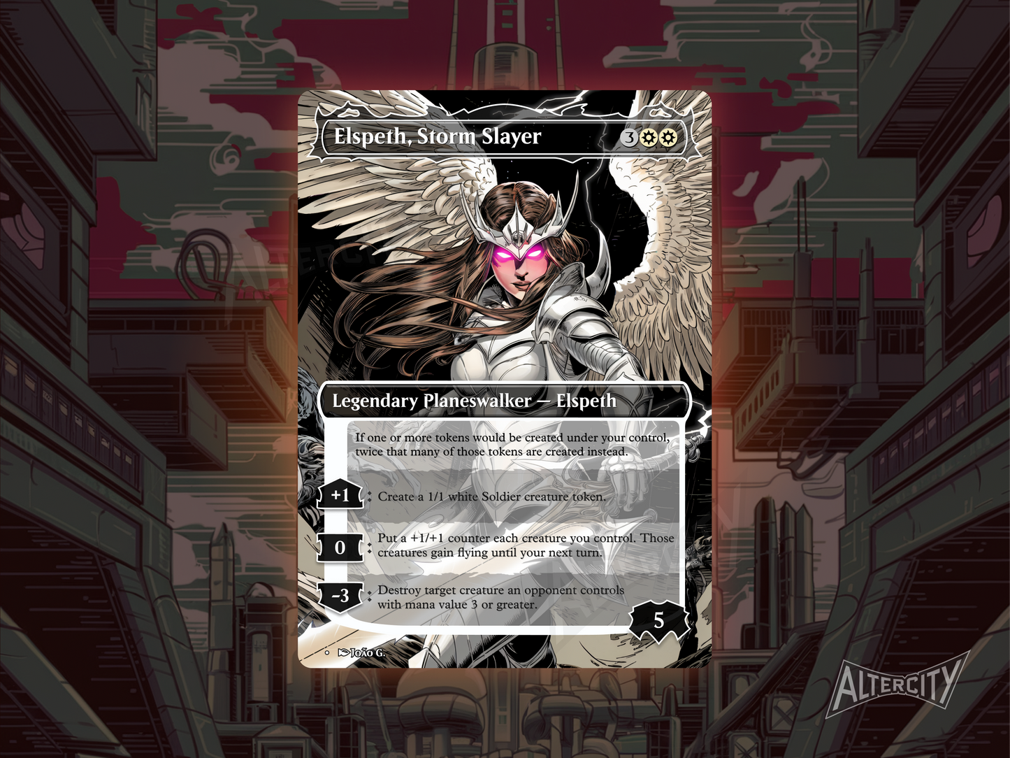 Custom Elspeth, Storm Slayer MTG proxy with radiant altered artwork.