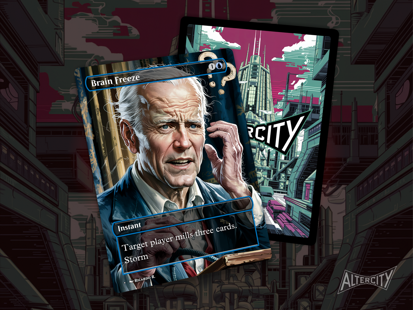 Funny Magic proxy of Brain Freeze featuring Biden meme artwork for casual MTG play.