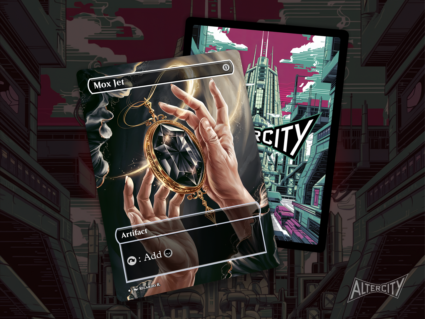 High-resolution black mana Mox Jet proxy for casual Magic play.