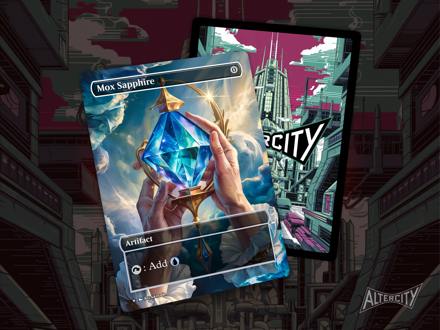 Premium altered art proxy of Mox Sapphire MTG card, perfect for casual Commander decks.