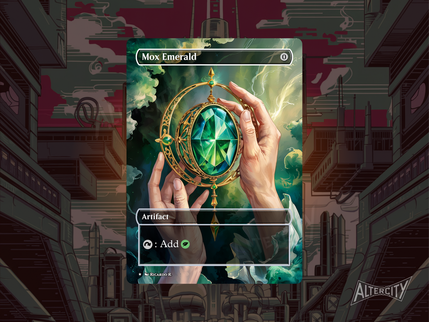 Custom Mox Emerald MTG proxy with vivid green altered artwork.