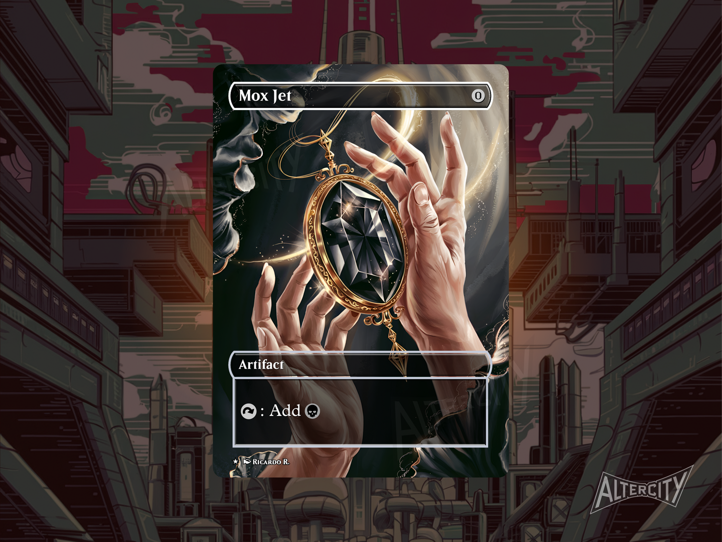 Custom Mox Jet MTG proxy card with premium altered design.