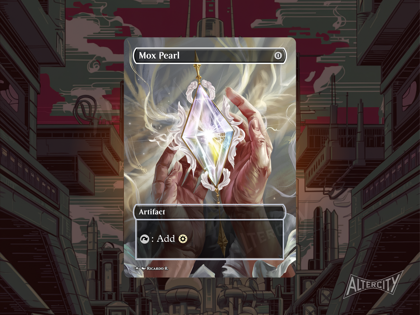 Custom Mox Pearl proxy card with full-art altered design for Magic: The Gathering.