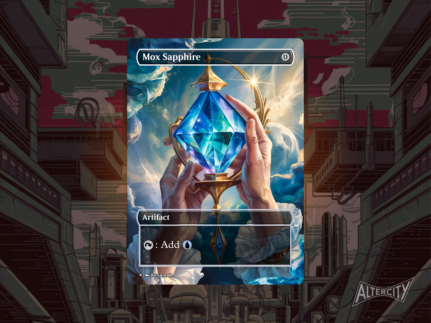 Custom Mox Sapphire Magic proxy with stunning full-art design for EDH play.