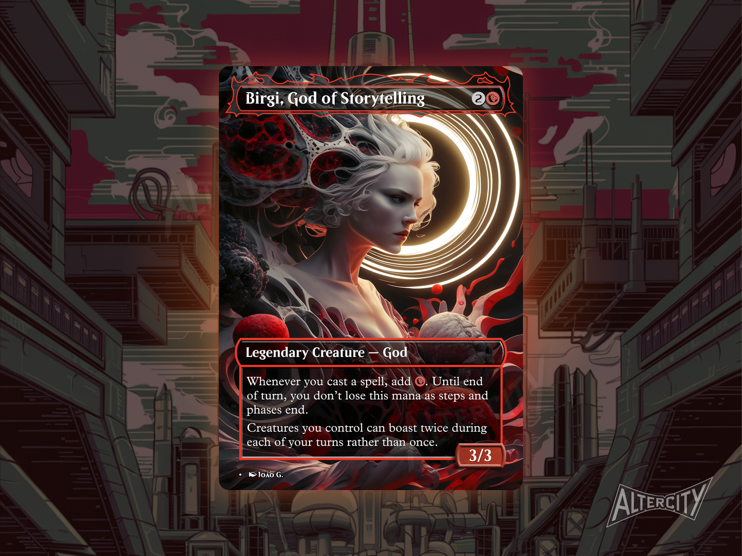 Birgi, God of Storytelling proxy with fiery red altered art of a spirited storyteller wielding flame.