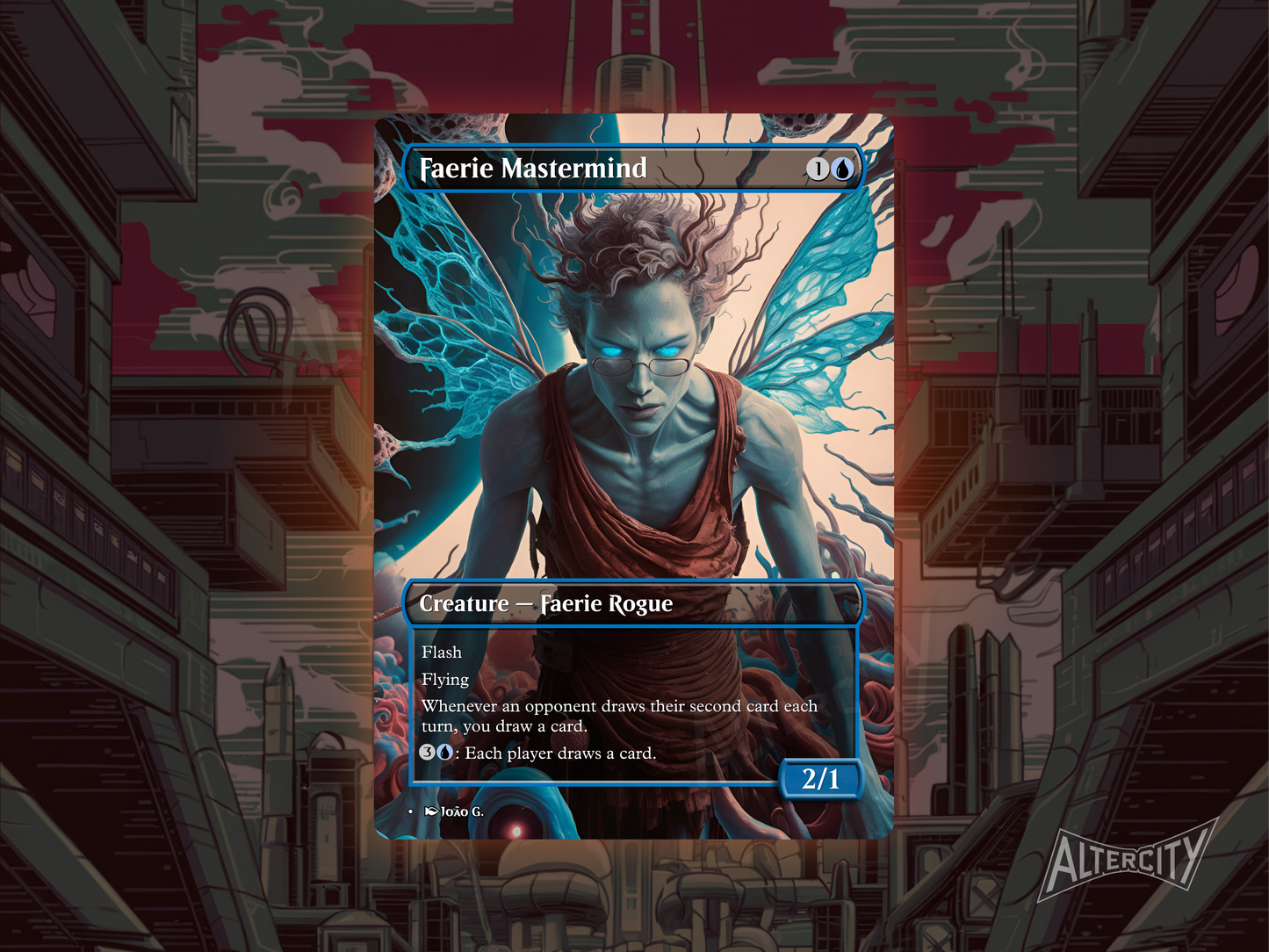 Faerie Mastermind proxy with ghostly blue altered art of a sly, winged faerie plotting mischief.