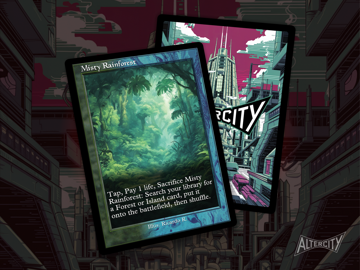 Misty Rainforest (v2) - Full Art Fetch Land Alter - Mtg Custom Cards, Commander, Edh and cEDH High Quality Altered Proxies