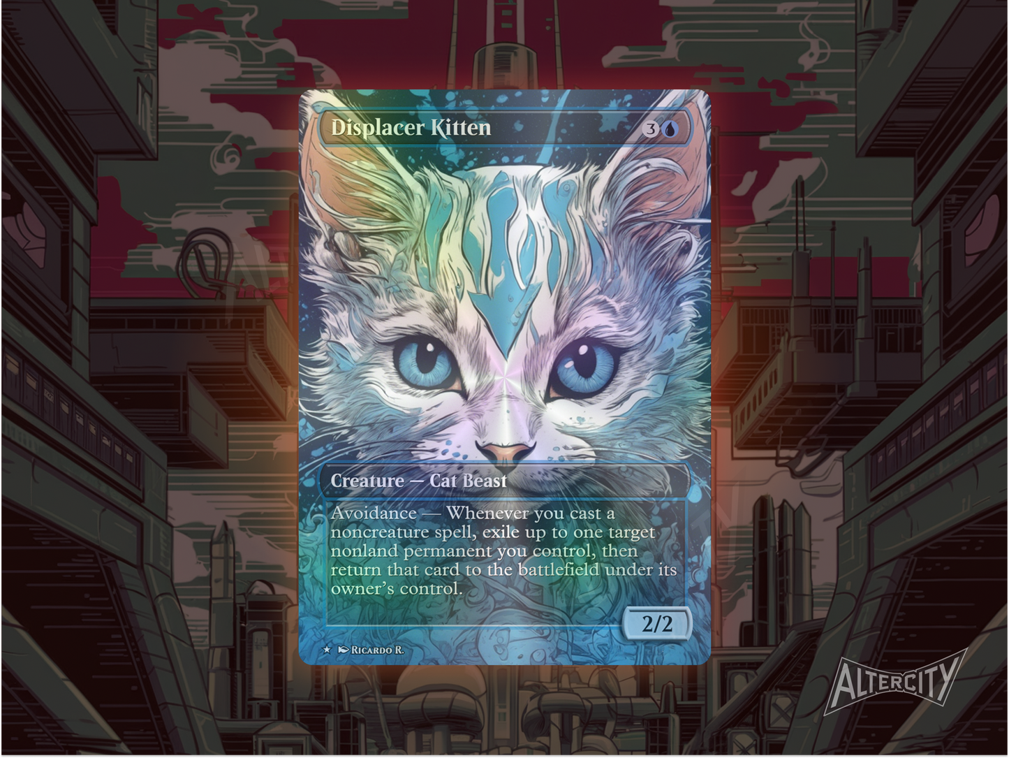 Displacer Kitten (v2) - Full Art Borderless Alter - MTG Custom Cards, Commander, Edh and Cedh High Quality Alters