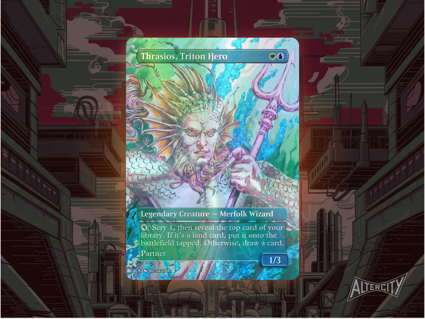 Thrasios, Triton Hero (v2) - Full Art Borderless - MTG Custom Cards, Commander, Edh and Cedh High Quality Alters