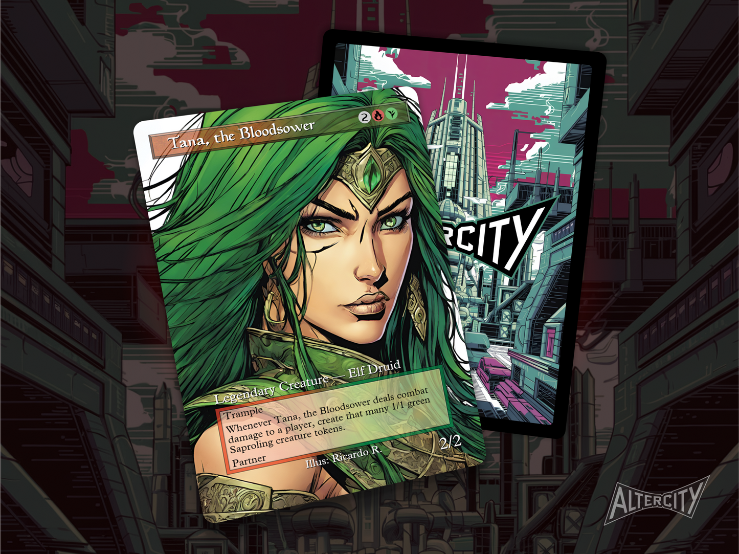 High-quality Magic proxy of Tana, the Bloodsower featuring dynamic altered artwork and token generation.