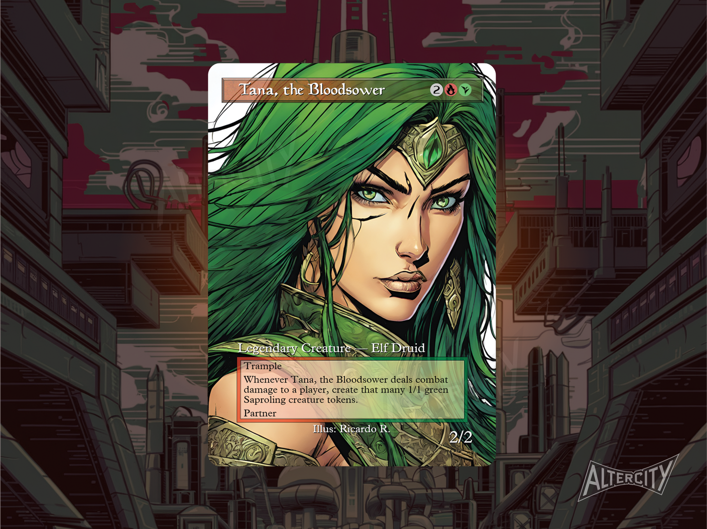 Custom Tana, the Bloodsower MTG proxy with vibrant full-art design creating Saproling tokens on combat damage.