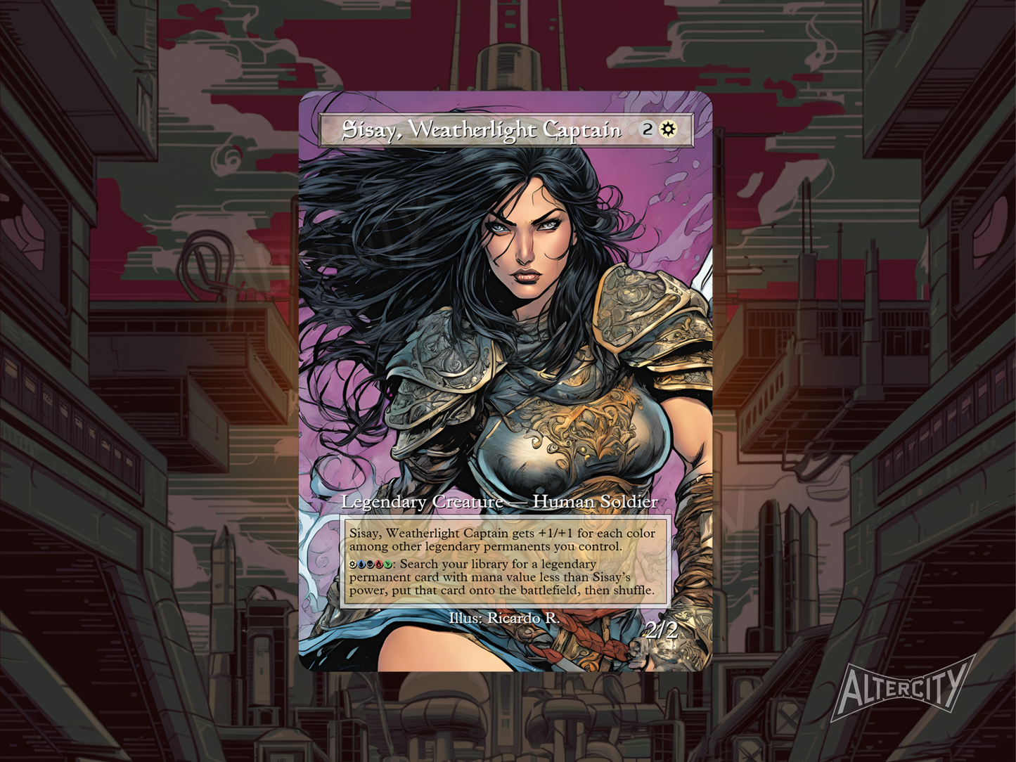 Custom Sisay, Weatherlight Captain MTG proxy with heroic full-art design and legendary tutor effect.