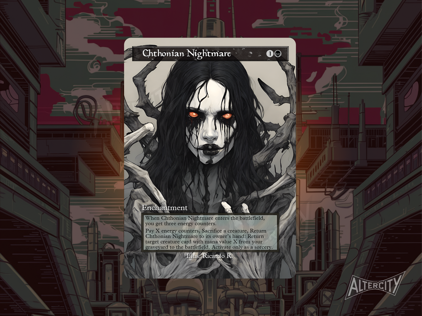 Custom Chtonian Nightmare MTG proxy with shadowy full-art design and graveyard recursion.