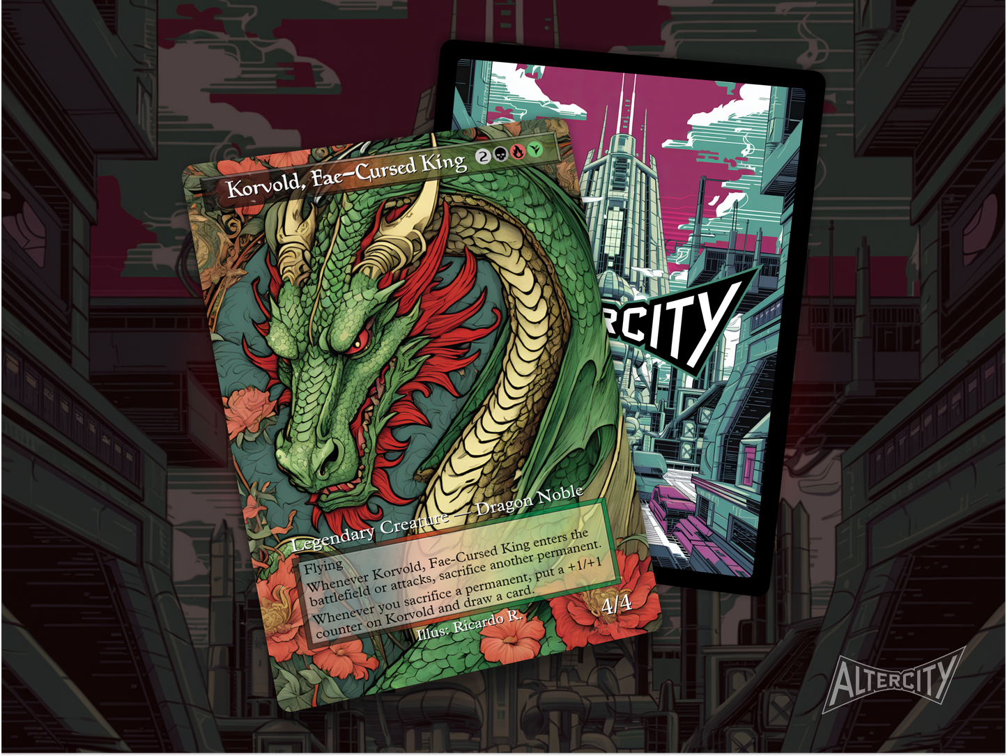 High-resolution Magic proxy of Korvold, Fae-Cursed King for sacrifice combo decks.