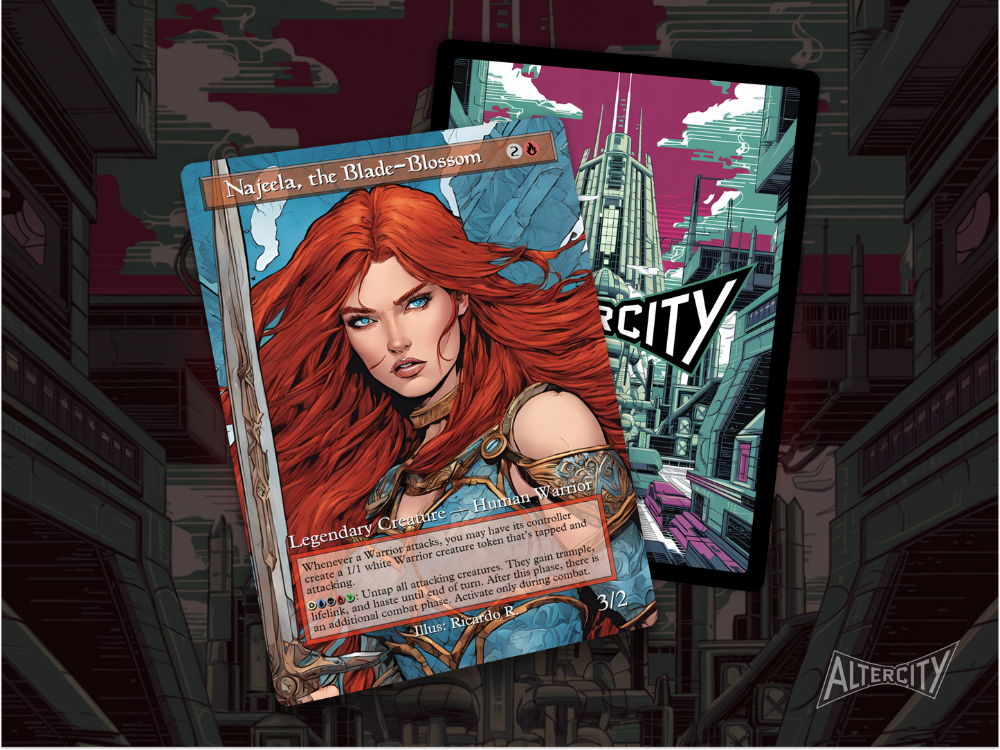 High-resolution Magic proxy of Najeela, the Blade-Blossom for aggressive EDH decks.