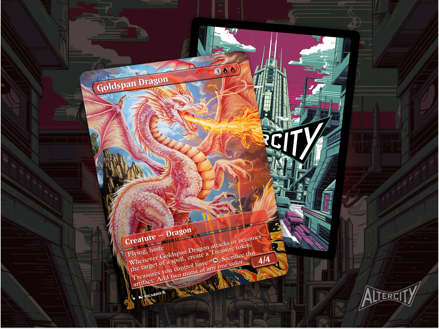 High-resolution Magic proxy of Goldspan Dragon soaring with gold coins.
