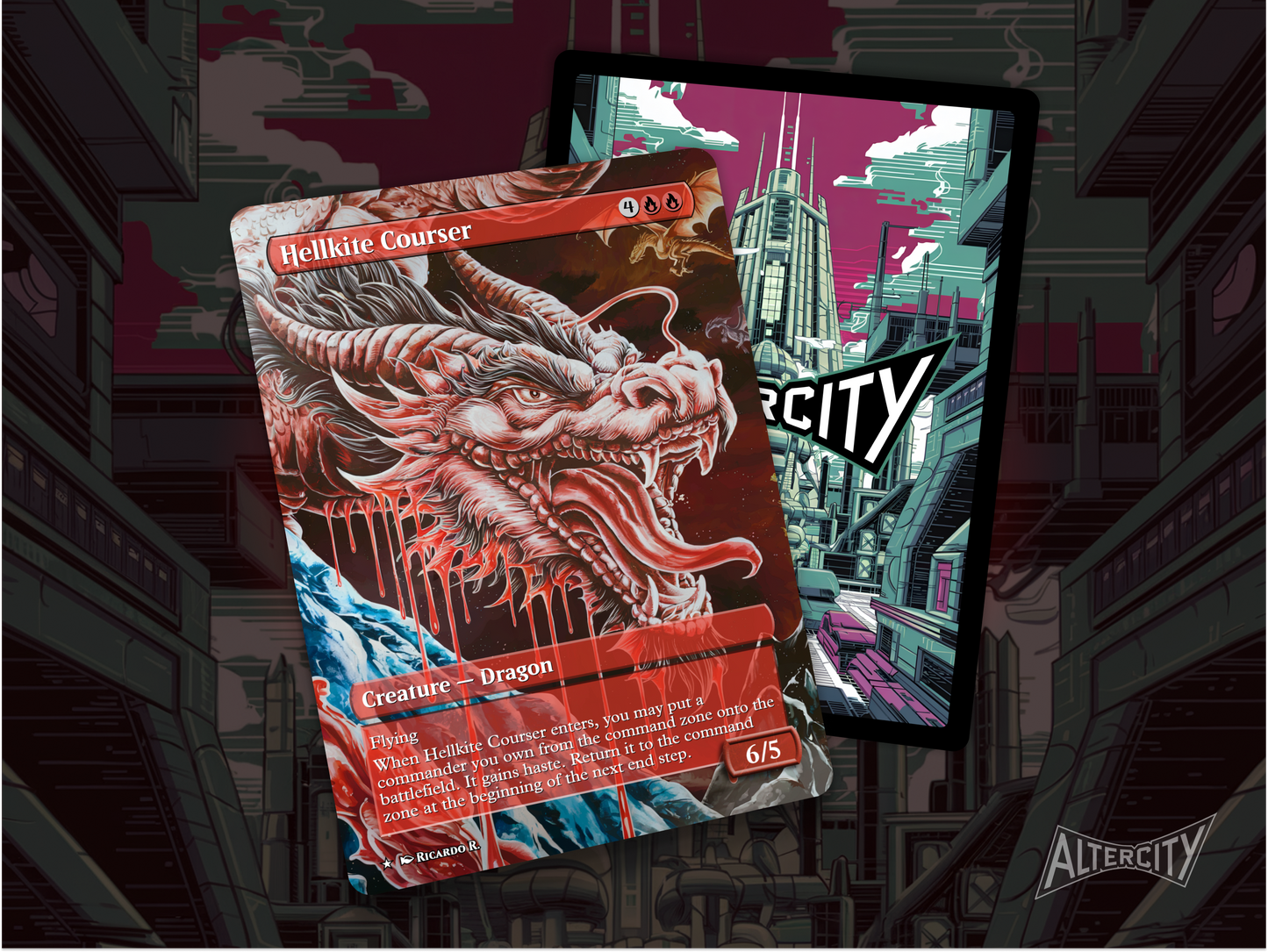 Premium MTG proxy of Hellkite Courser featuring bold, dragon-themed altered artwork.
