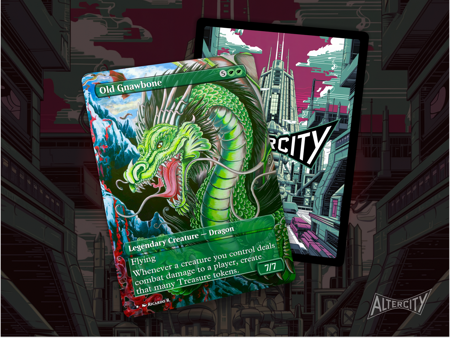 Premium MTG proxy of Old Gnawbone featuring treasure-themed altered artwork for casual play.