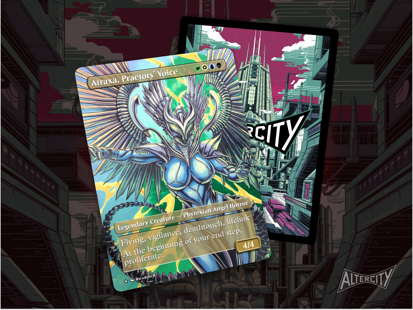 High-resolution Magic proxy of Atraxa with vivid art for proliferate-focused EDH decks.