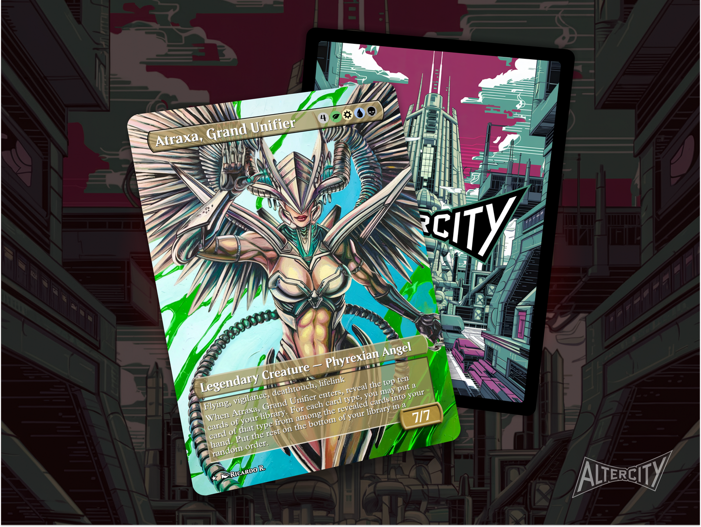 High-resolution Magic proxy of Atraxa for value-heavy EDH and control decks.