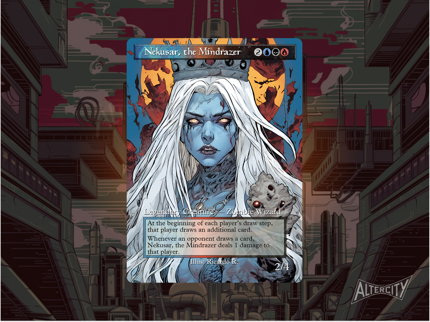 Custom Nekusar MTG proxy with dark, chaotic altered artwork.