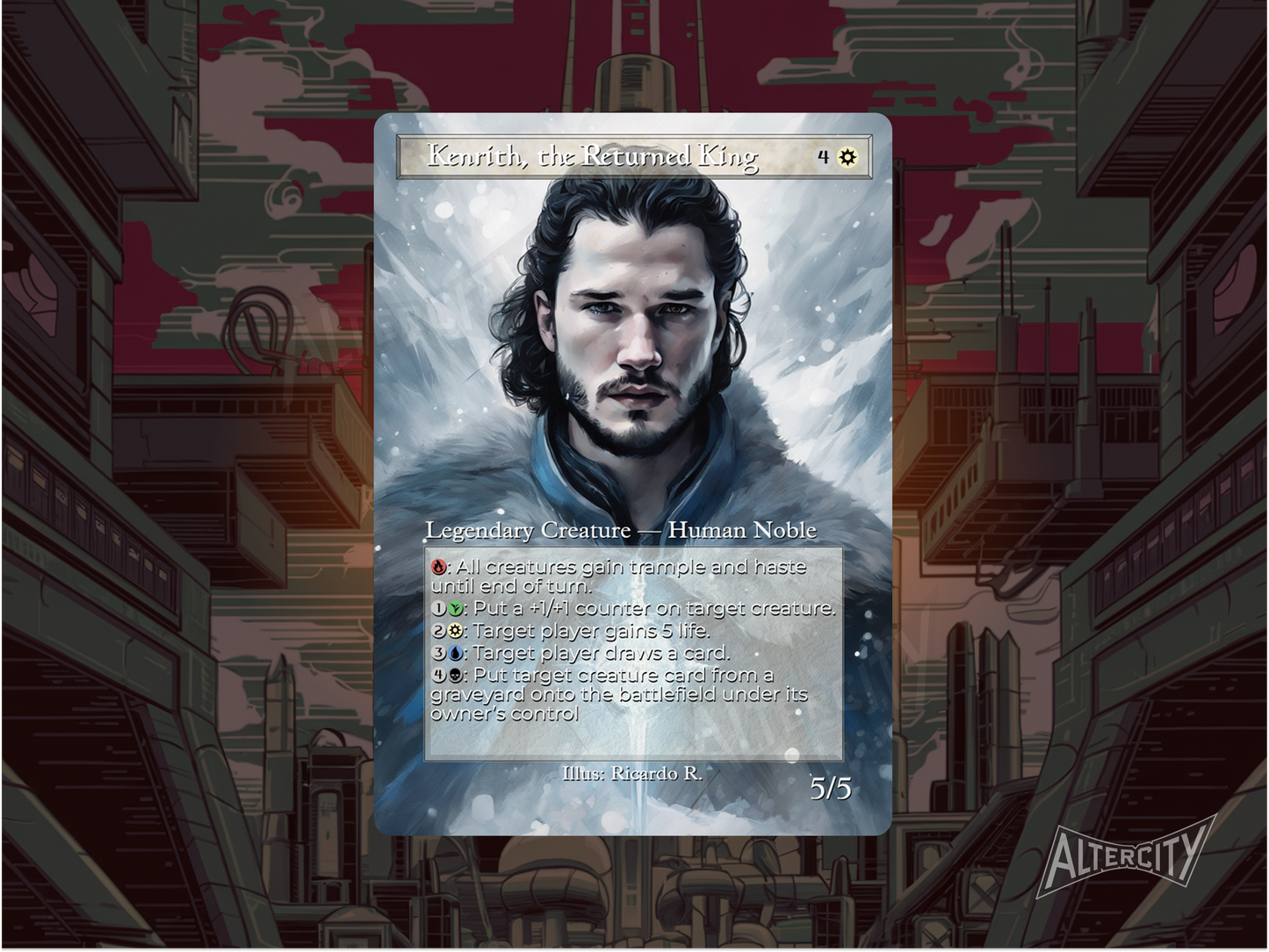 Custom Kenrith MTG proxy with Jon Snow-themed art and a noble fantasy aesthetic.