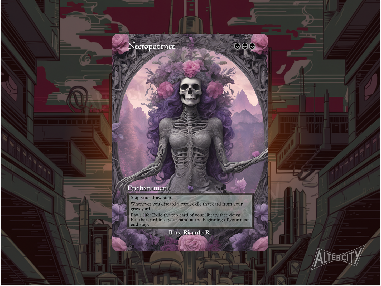 Custom Necropotence MTG proxy with eerie, skull-themed altered artwork.
