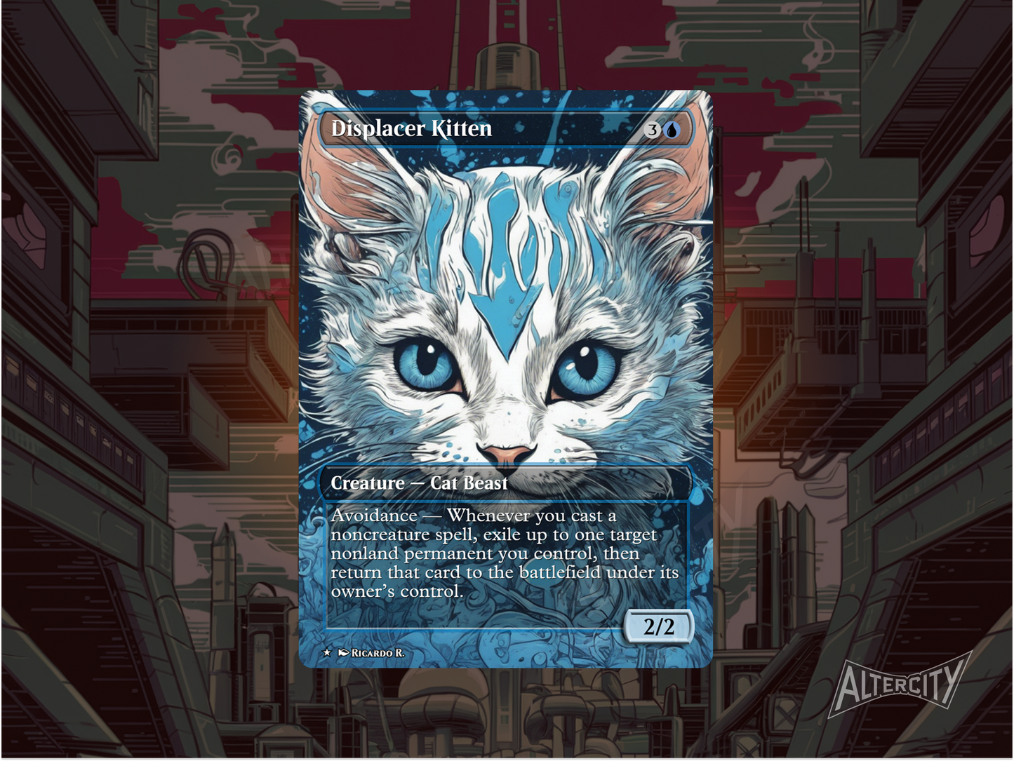 Custom Displacer Kitten MTG proxy with whimsical, dimensional-shifting altered art.