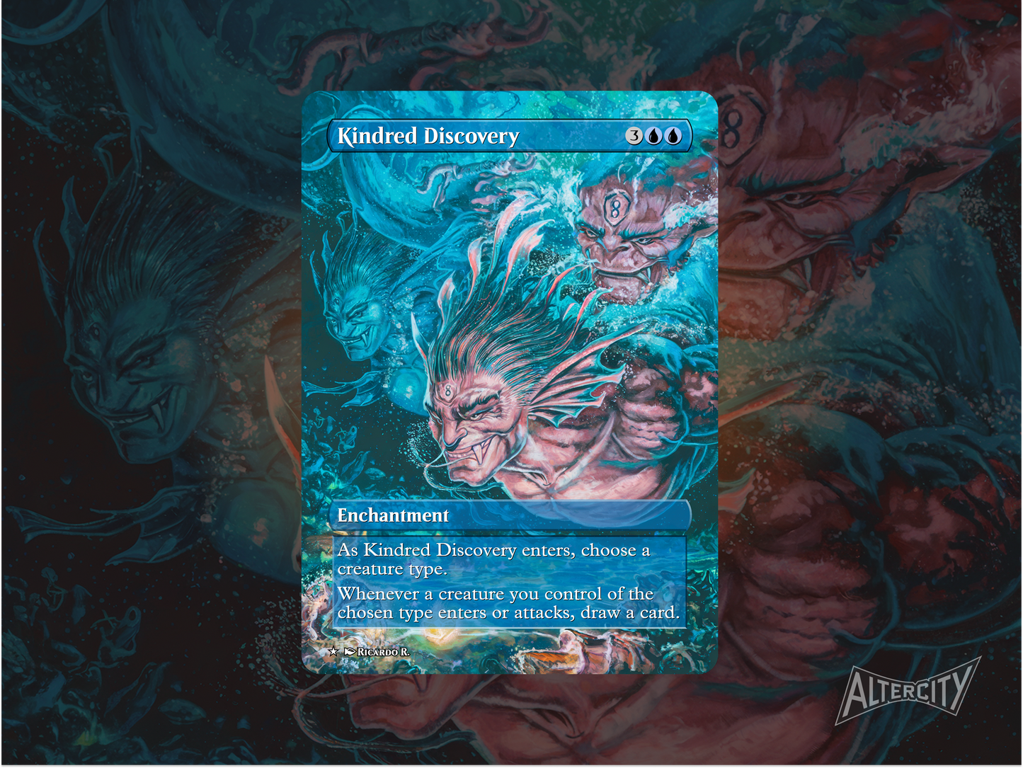Alternate art Kindred Discovery Magic proxy featuring vivid custom illustration for tribal decks.