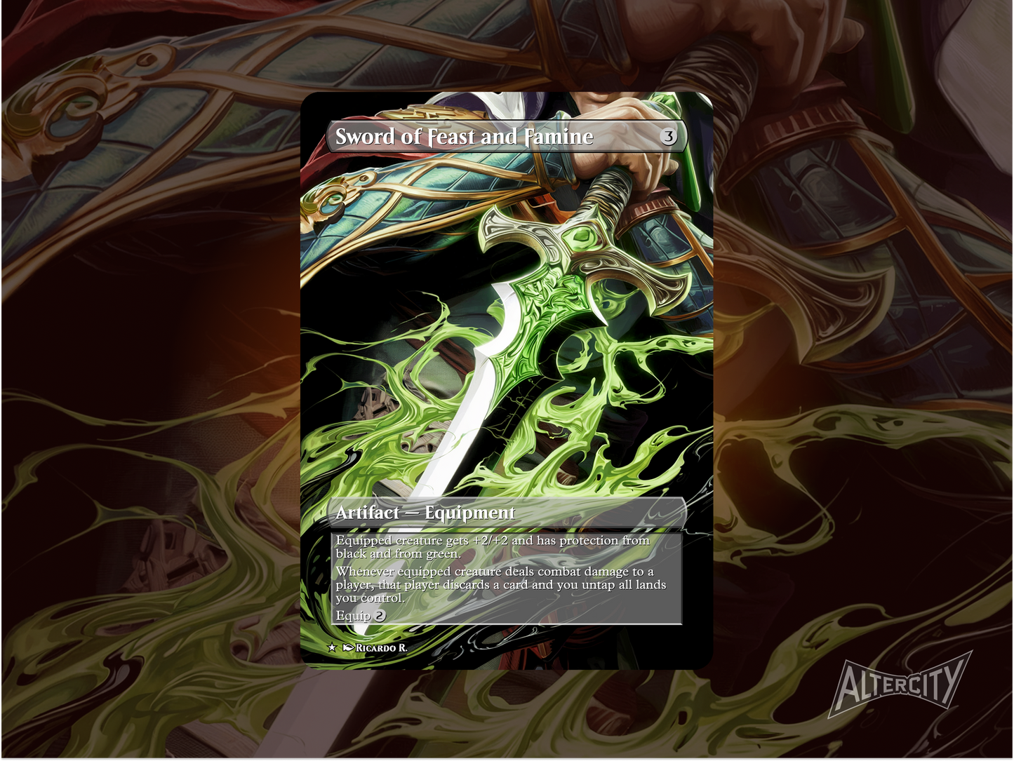 Alternate art Sword of Feast and Famine proxy with vibrant new illustration for Magic EDH decks.