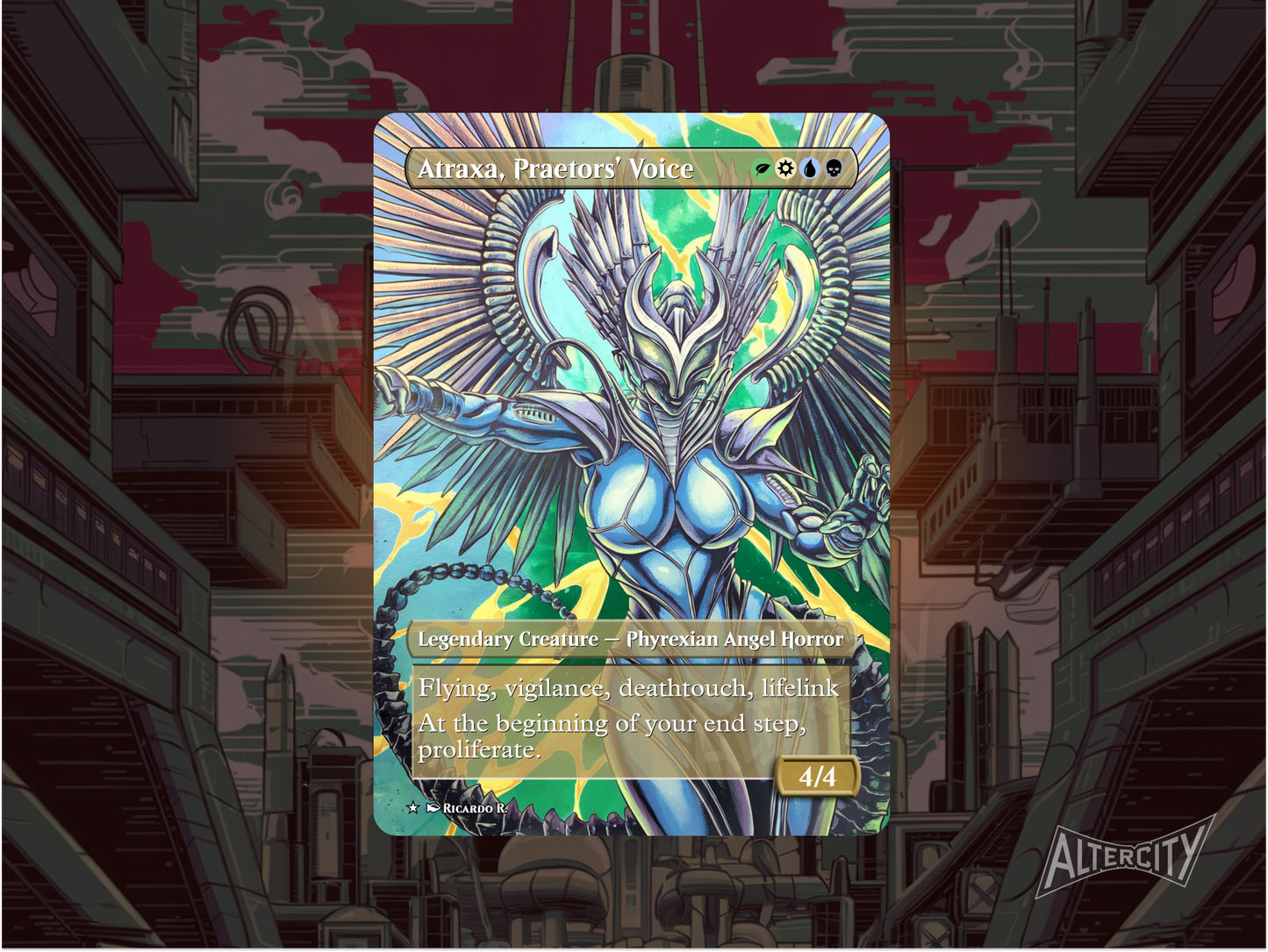 Custom Atraxa, Praetors' Voice MTG proxy with celestial, counter-themed altered artwork.